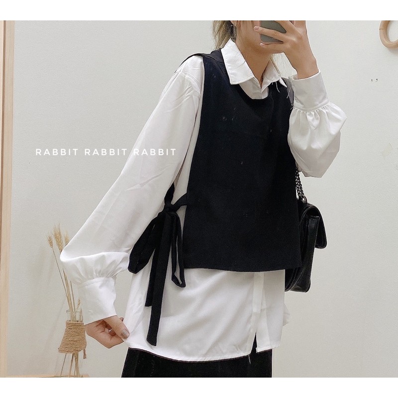 [Mã WASKT304 giảm 15% tối đa 30K đơn 99K]Set Áo sơ mi trắng dài tay kèm gile xinh xắn buộc nơ eo phong cách ulzzang_SY02 | BigBuy360 - bigbuy360.vn