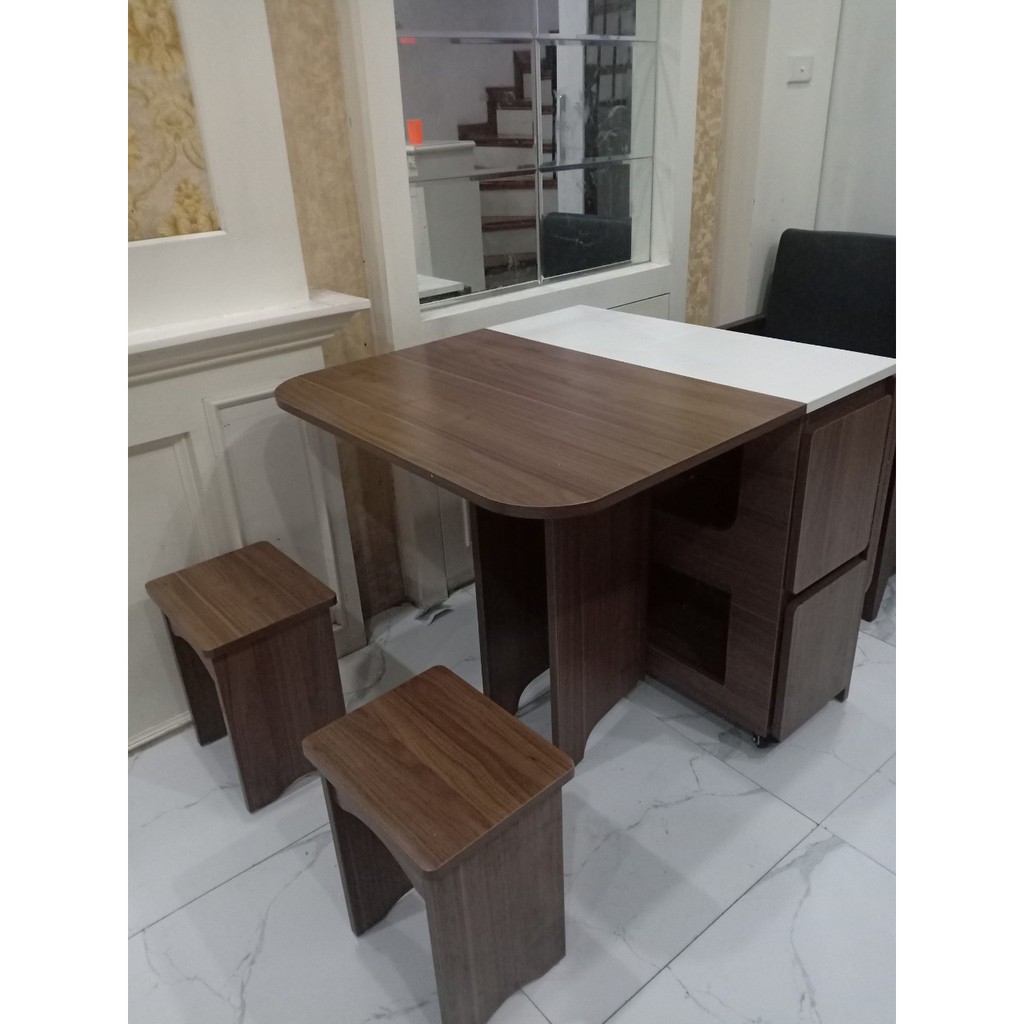 Bộ bàn ăn thông minh bằng gỗ công nghiệp, gồm bàn được thiết kế có hộc để nhét ghế vào