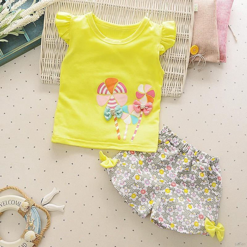 Đồ bộ ngắn vải cotton thoáng mát in họa tiết hoa và chong chóng dễ thương cho bé gái