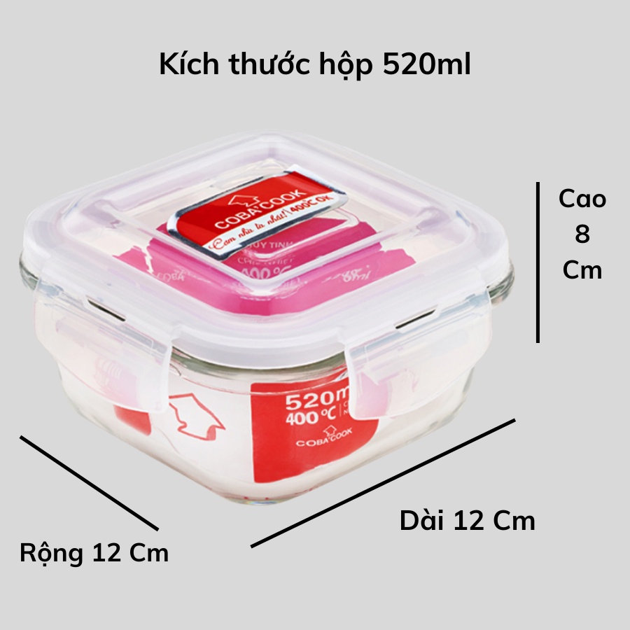 Bộ hộp đựng cơm thủy tinh chịu nhiệt hộp trữ thức ăn COBA'COOK 2 hộp vuông 530ml 1 túi giữ nhiệt hình vuông - CCS52BS