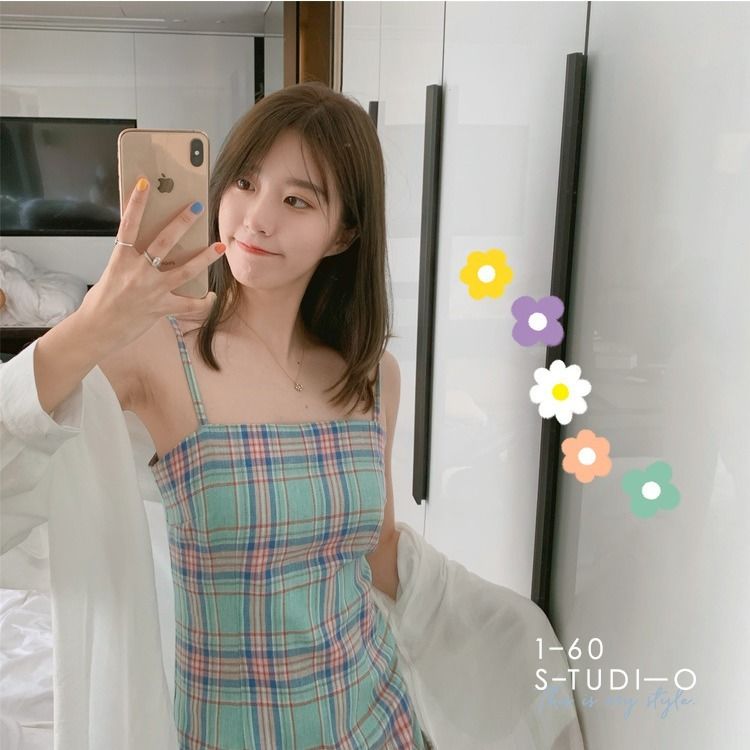 Đầm hai dây BH họa tiết caro thời trang xinh xắn cho nữ