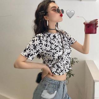 Áo Croptop Tay Ngắn Hoạ Tiết Hoa Phong Cách Retro