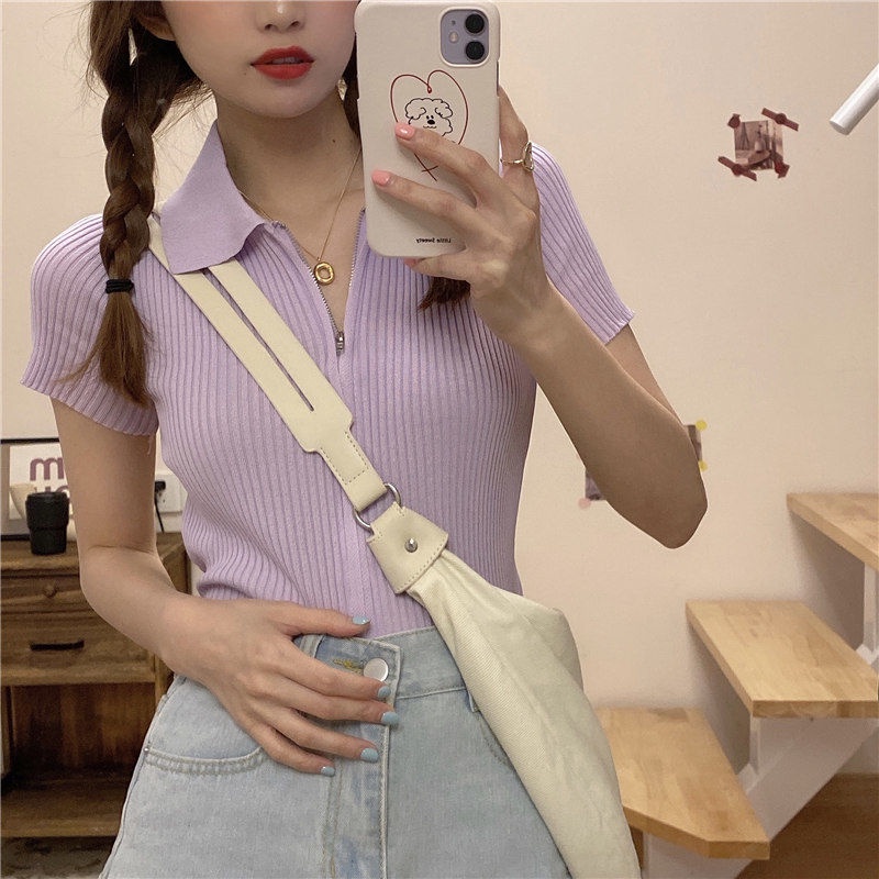 Áo Sweater Tay Ngắn Có Khóa Kéo Thiết Kế Mới Thời Trang Mùa Hè Theo Phong Cách Hàn Quốc Cho Nữ