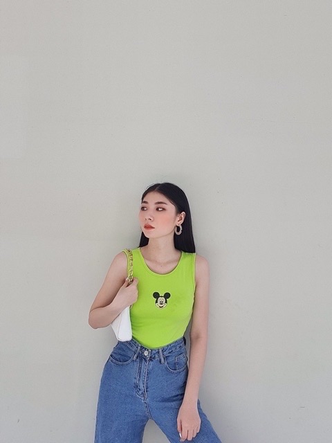 Áo ba lỗ thêu mickey nữ🌸 áo hai dây quai to thun tăm dáng body siêu xinh🌸[free ship] | BigBuy360 - bigbuy360.vn