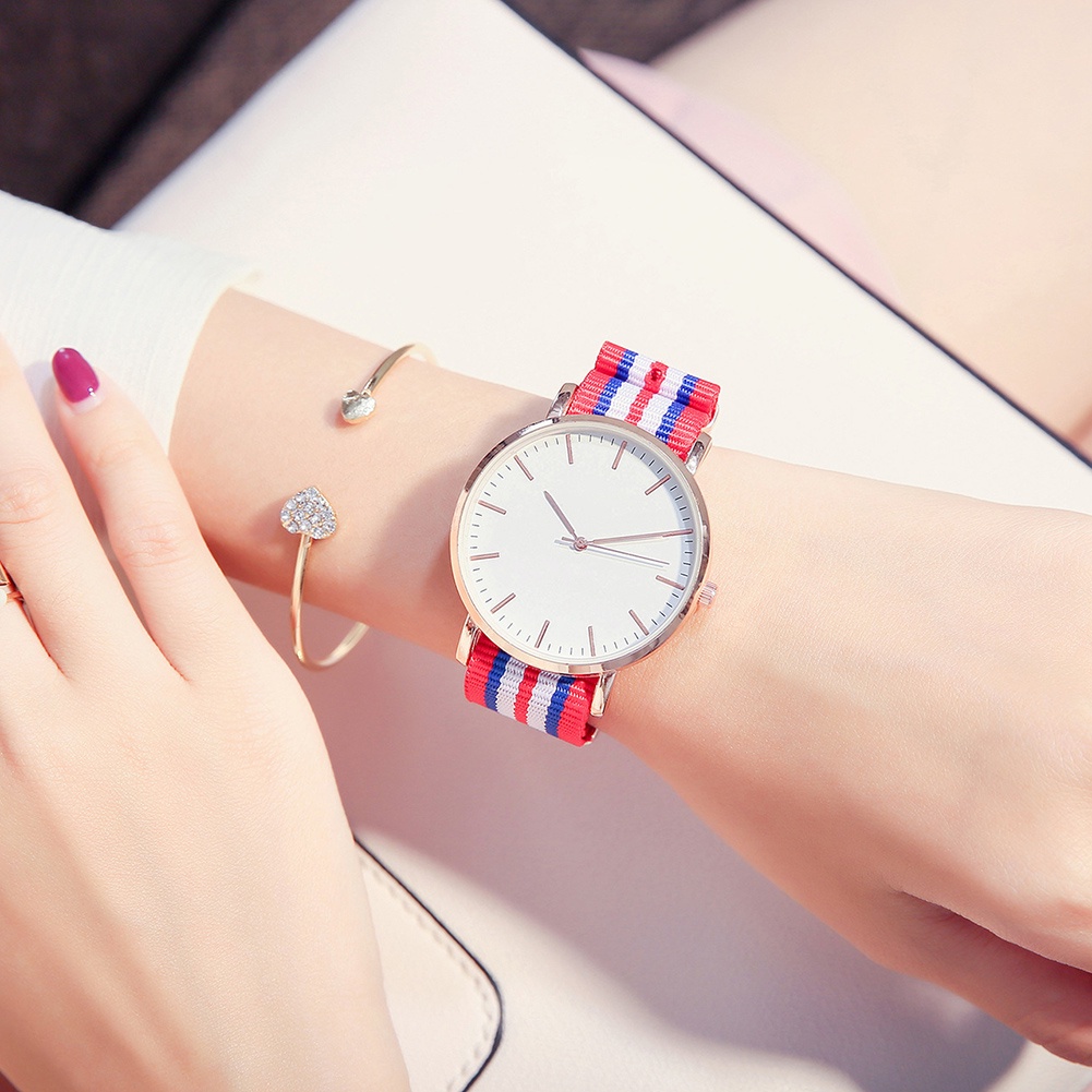 Đồng hồ đeo tay bộ máy quartz dây đeo bằng nylon họa tiết kẻ sọc thời trang cho cặp đôi