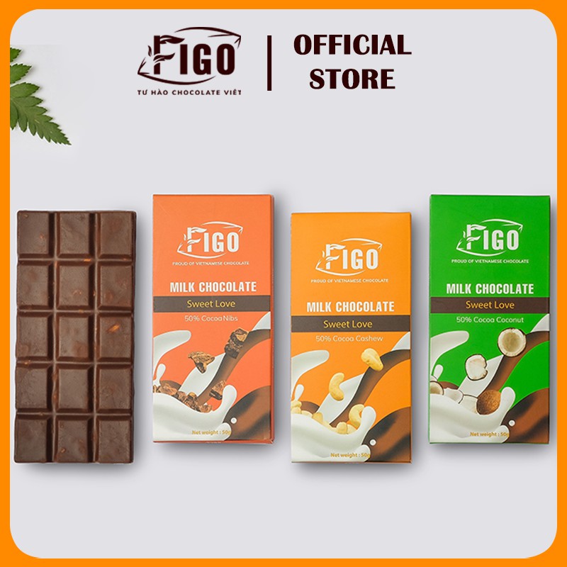 [Bán chạy] Combo 3 Thanh Kẹo Socola Milk Chocolate 50% Cacao Figo 50gr nhân hạt Điều, Hạnh Nhân, Sữa Dừa