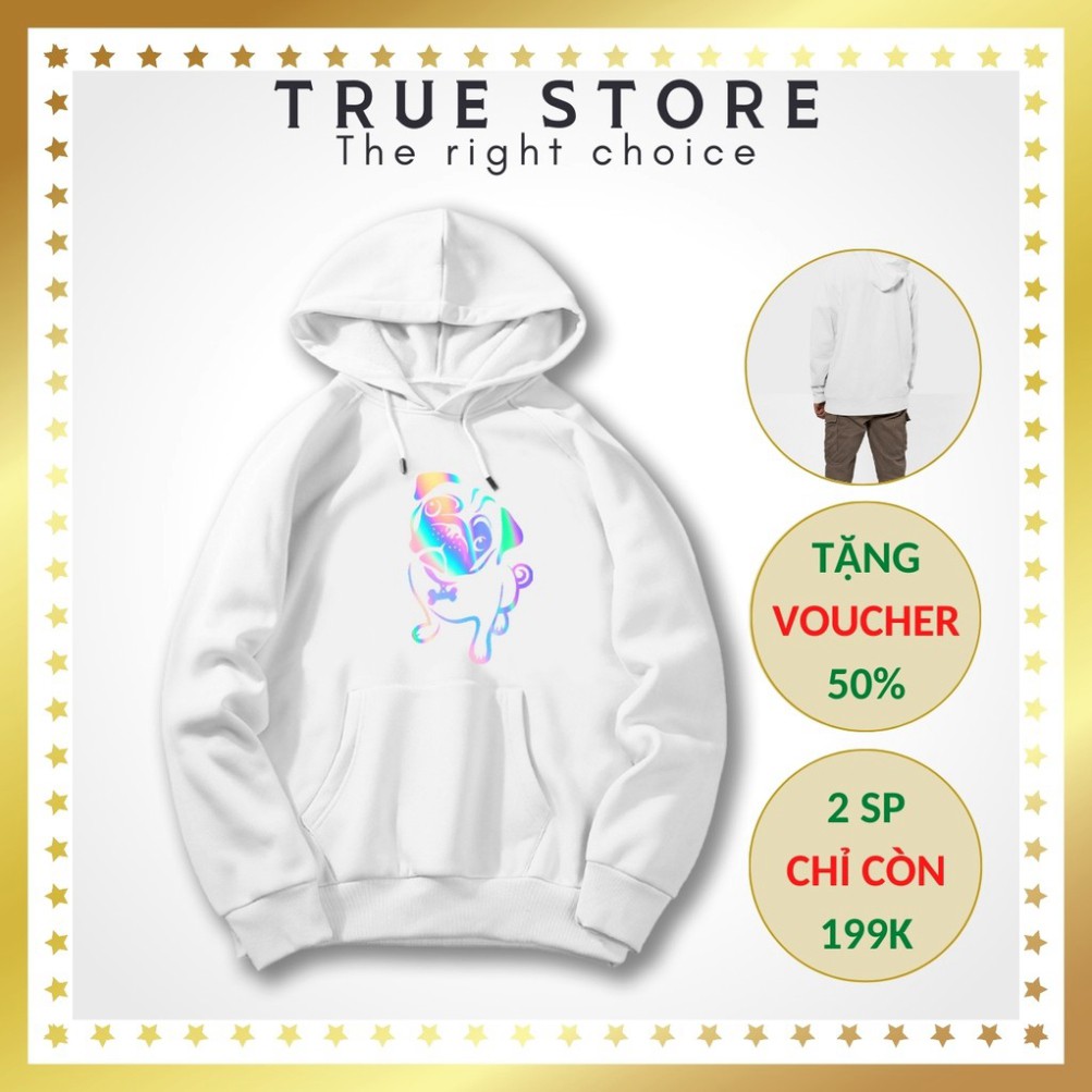 Áo khoác nỉ phản quang cao cấp in hình chó PUG, freesize dưới 75kg màu trắng, True Store đảm bảo, KN29