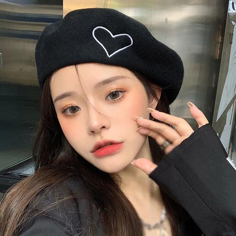 Mũ beret thêu hình trái tim phong cách Hàn Quốc cổ điển thời trang cho nữ