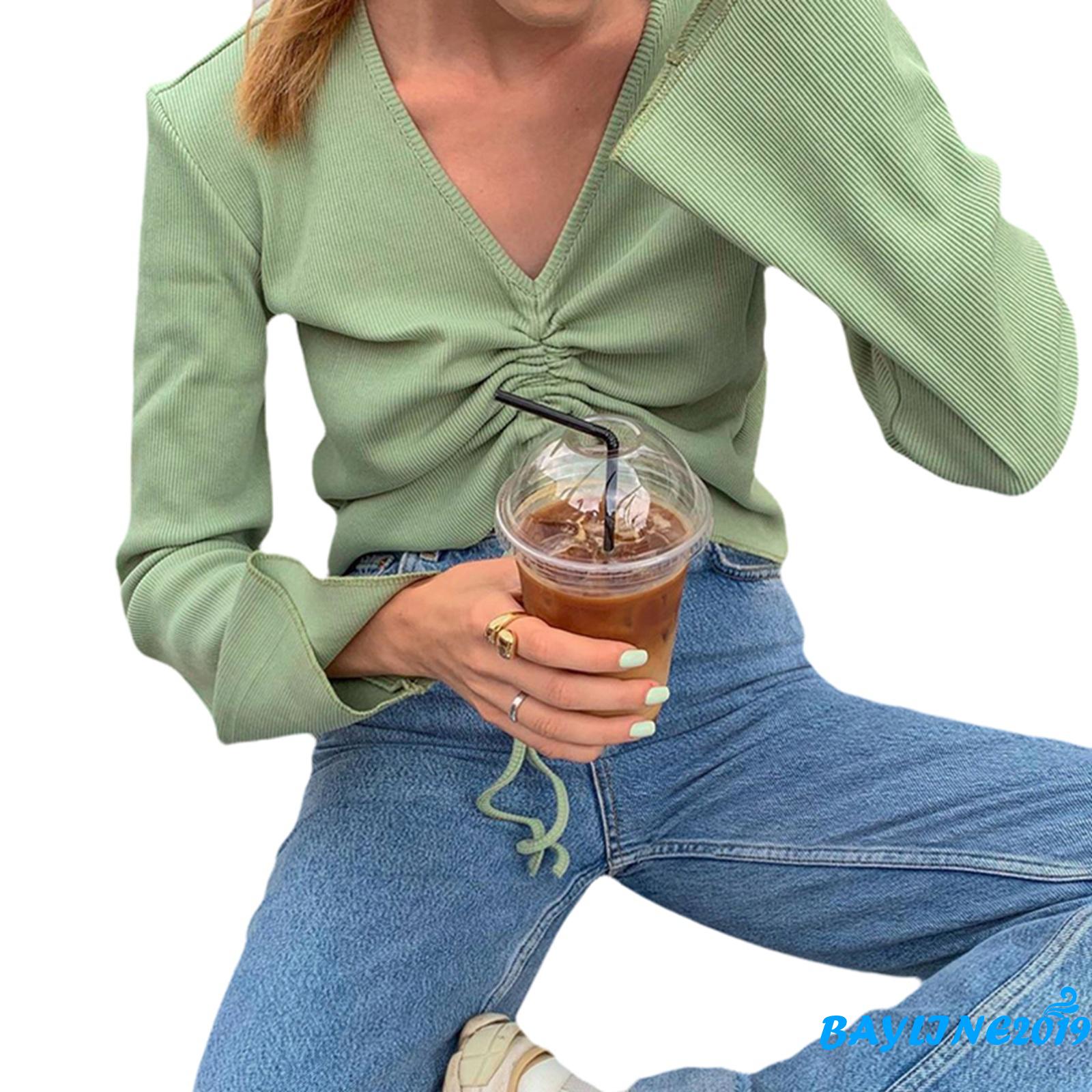Áo crop top tay dài cổ chữ V thanh lịch màu trơn hợp thời trang có dây rút dành cho nữ | BigBuy360 - bigbuy360.vn