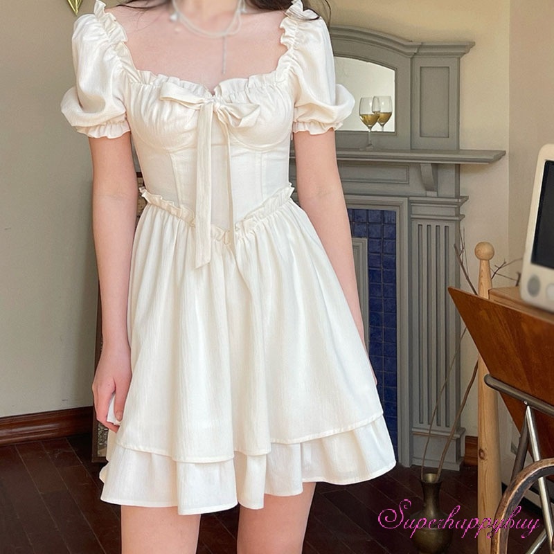 Đầm Tay Phồng Cổ Vuông Thắt Nơ Phong Cách Cổ Điển Pháp