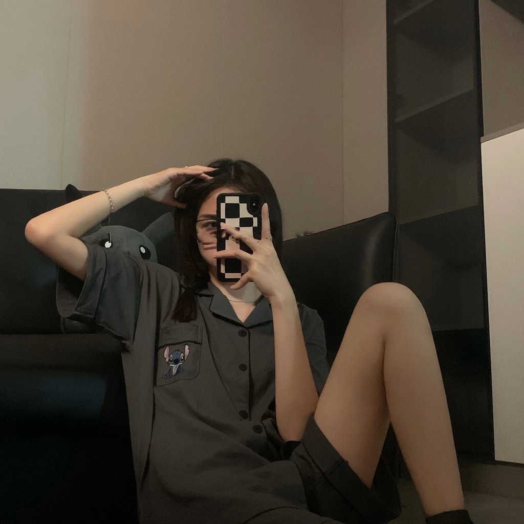 Bộ đồ ngủ ngắn tay in hoạt hình đáng yêu phong cách Hàn Quốc