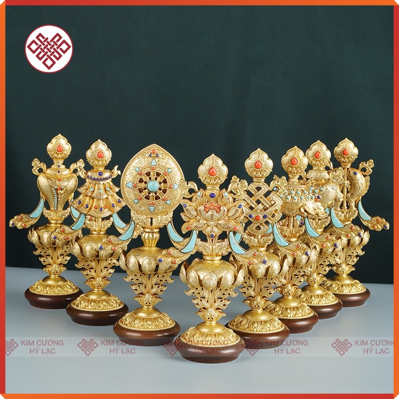 Bát Cát Tường Đồ Thờ Cúng Mật Tông [Kim Cương Hỷ Lạc] Đồng Mạ V.À.N.G Cao 16 Cm