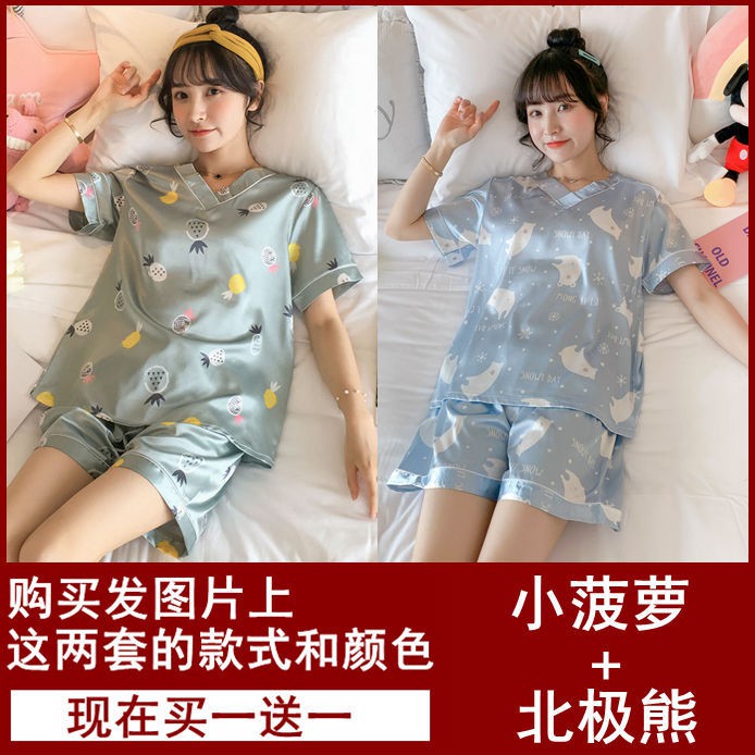 Bộ Đồ Ngủ Ngắn Tay Vải Lụa Mỏng Thiết Kế Xinh Xắn Cho Nữ | BigBuy360 - bigbuy360.vn