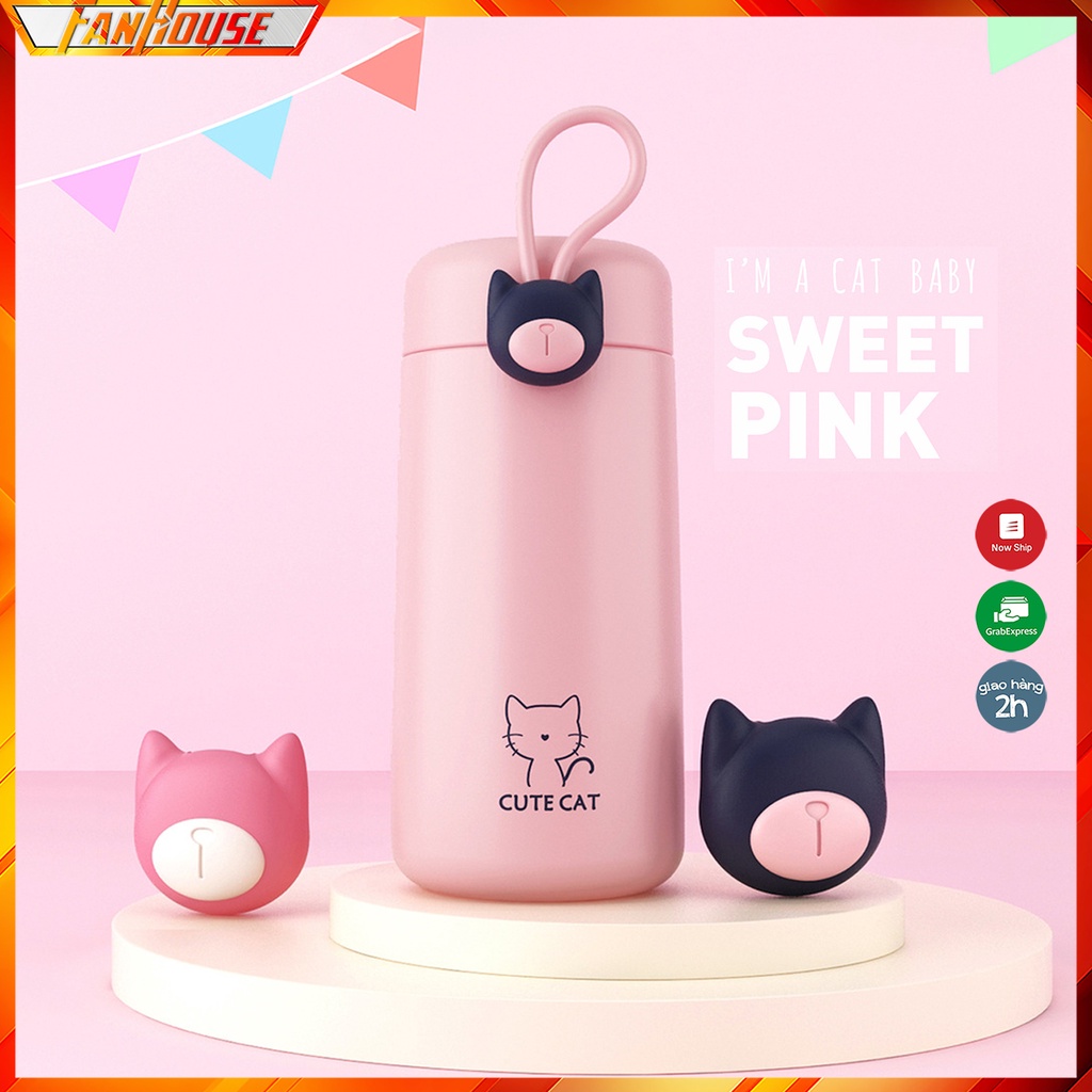 Bình giữ nhiệt mèo cho bé đi học, ly nước Cute Cat cho trẻ em inox 304 an toàn sức khoẻ, khắc tên bé theo yêu cầu