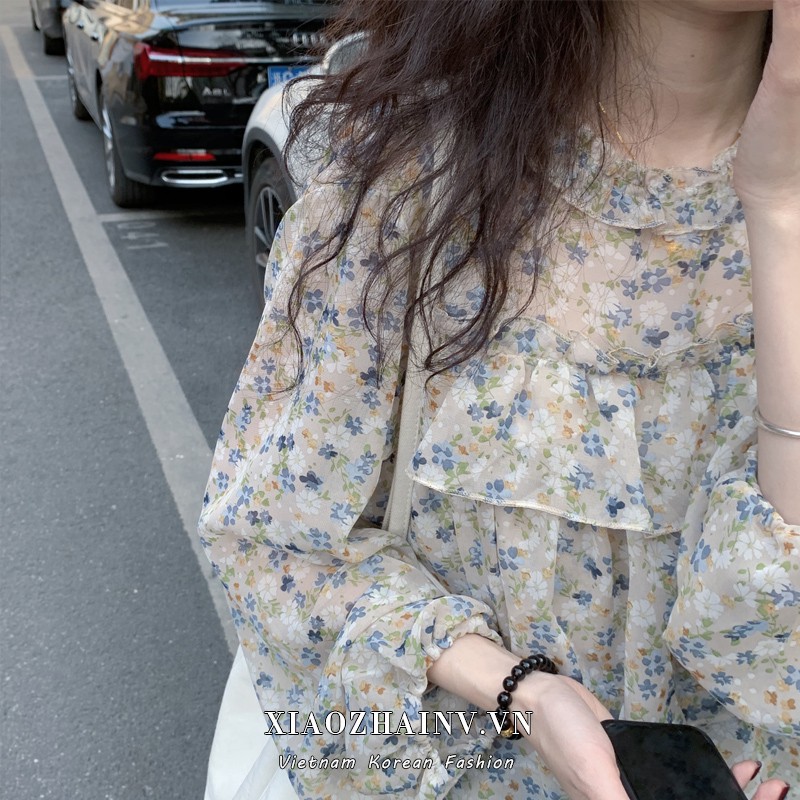 Xiaozhainv Long-sleeved sunscreen top Korean style small fresh floral lotus leaf chiffon shirt