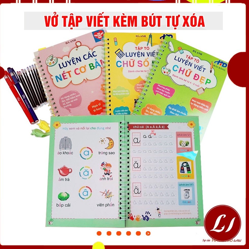 Combo 3 Tập viết TỰ XÓA nét LÕM kèm bút tự bay màu cho bé luyện dễ dàng (2bút + 6ngòi + 2 định vị cầm bút)