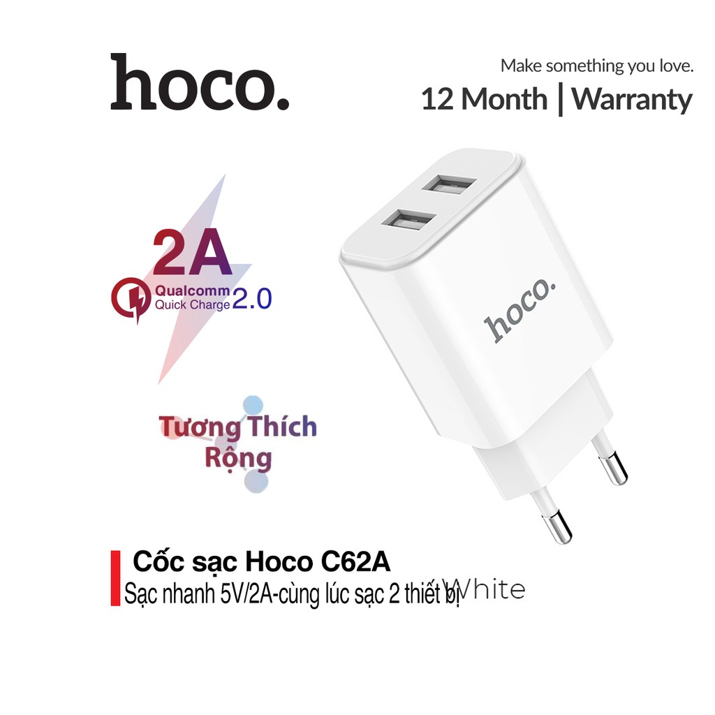 Củ sạc Hoco cổng kép Hoco C62A IC nhận dạng thông minh, đáp ứng yêu cầu thiết bị sạc hiện tại