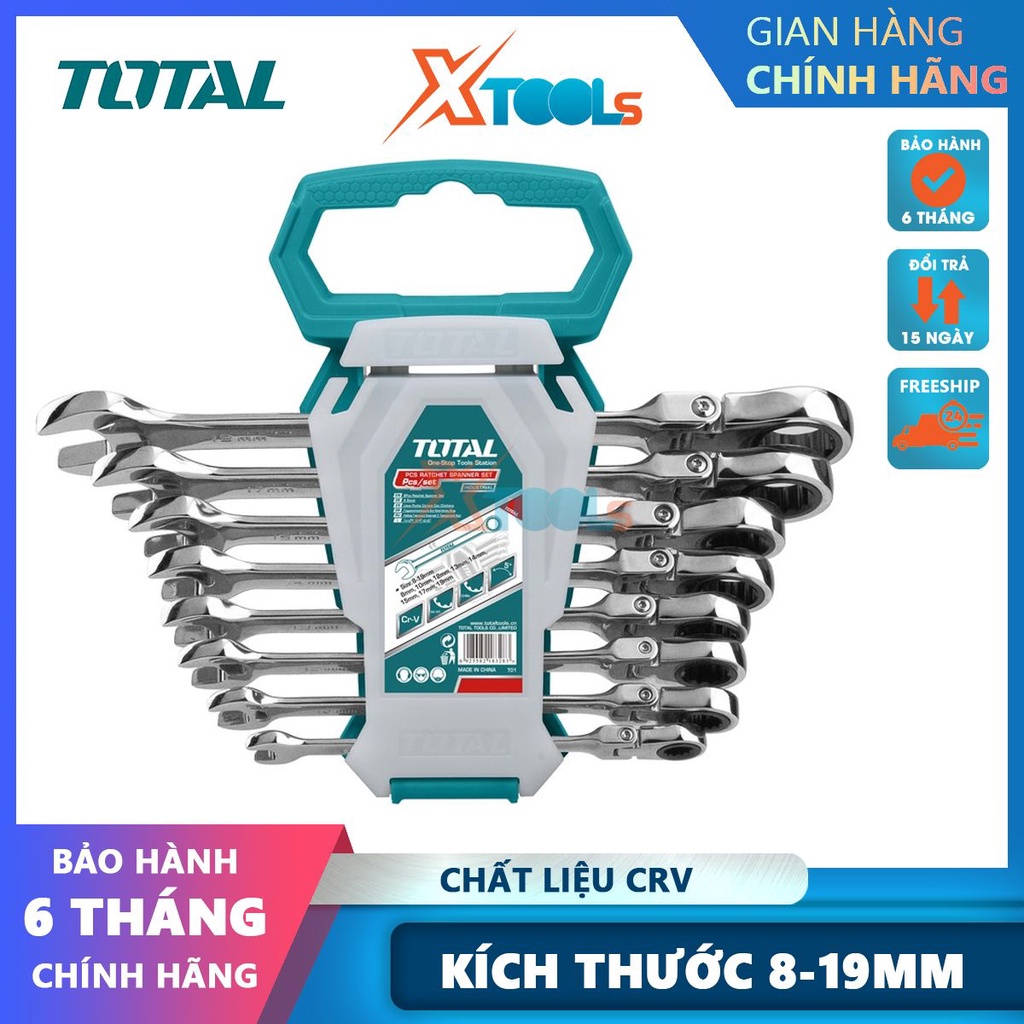 Bộ 8 cờ lê vòng miệng 2 chiều TOTAL THT102RK586 chất liệu Cr-Mo chất lượng cao, kích thước 8-19mm -CHÍNH HÃNG-XTOOLS