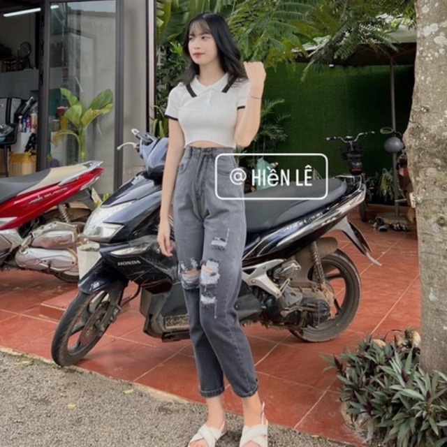 Set baggy jeans loan rách + croptop petter phối viền