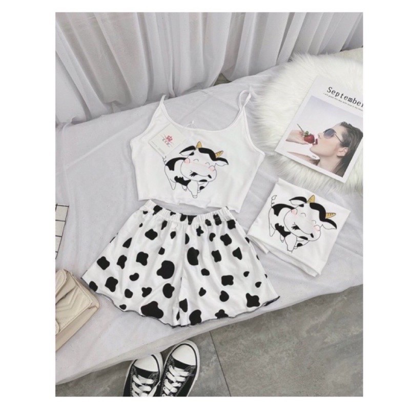 [Rẻ Vô Địch] Bộ Áo Croptop Bò Sữa Quần Đùi 🦋 Set Áo 2 Dây Quần Cộc Nhiều Hình 🦋