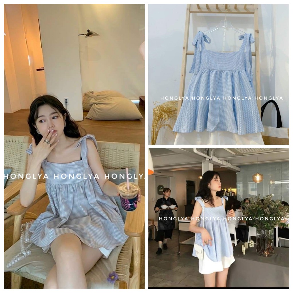 [Có video review] Set áo 2 dây kẻ caro xanh mix quân short trắng siêu xinh phong cách ullzzang