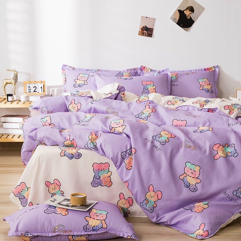 Bộ Drap &amp; Chăn Phao Cotton Poly Gấu Tím