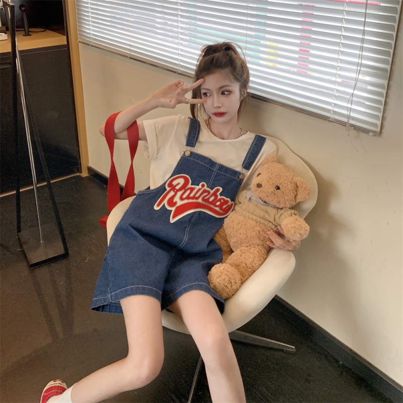 Jumpsuit Denim Thêu Chữ Dễ Phối Đồ Thời Trang Mùa Hè Cho Nữ