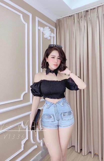 Áo nhún bẹt vai tay phồng kèm cổ sơ mi