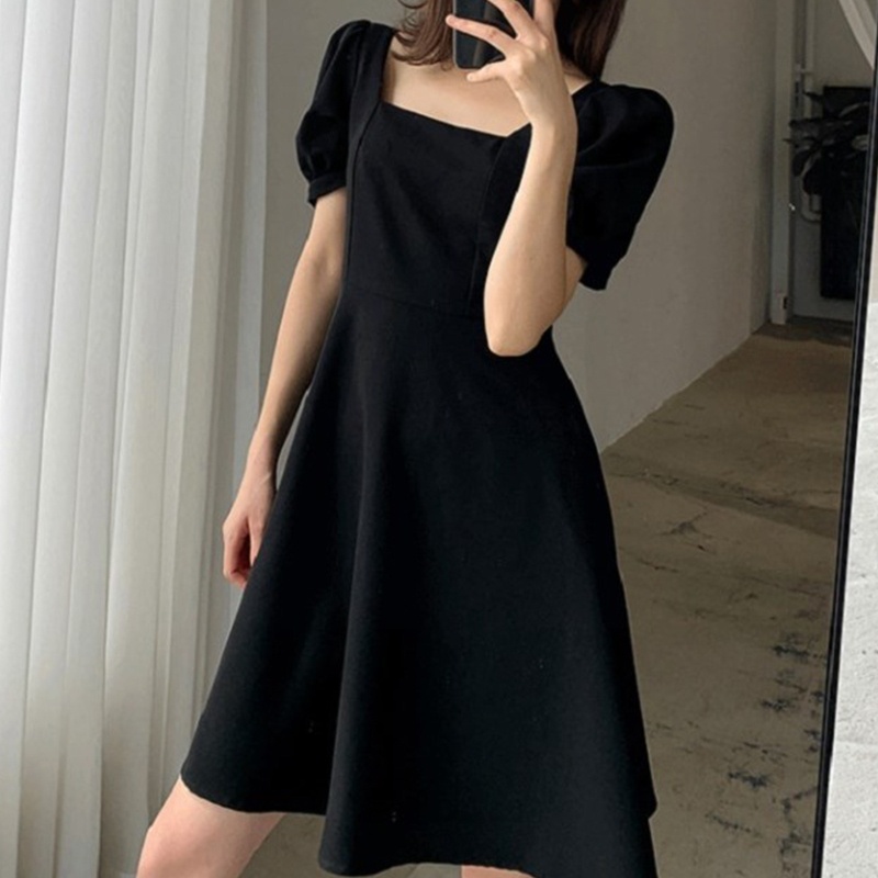 Đầm Midi Dáng Chữ A Tay Ngắn Phồng Cổ Vuông Màu Trơn Kiểu Retro Xinh Xắn Cho Bạn Gái