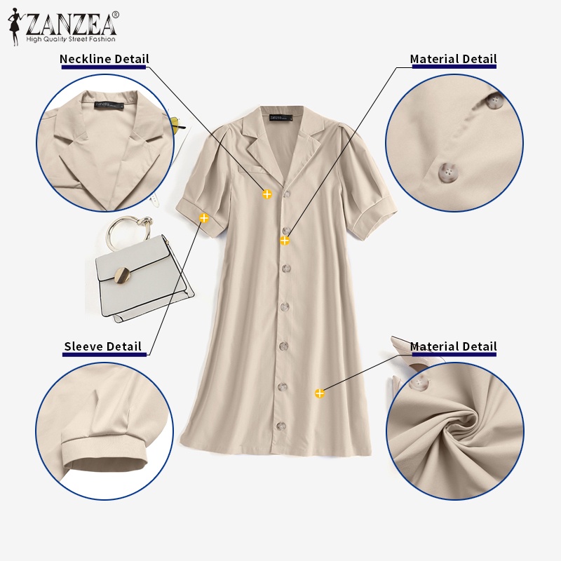 Zanzea Đầm Midi Ngắn Tay Cổ Bẻ Thời Trang Vintage Đường Phố Cho Nữ (Không Kèm Thắt Lưng)