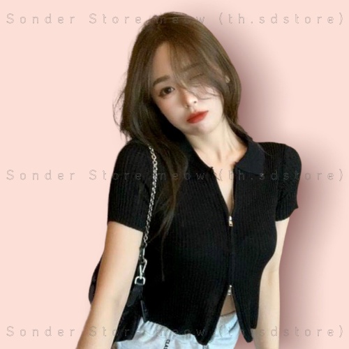 Áo croptop nữ ôm basic cổ sơ mi khóa zip 2 đầu siêu xinh, trendy A7