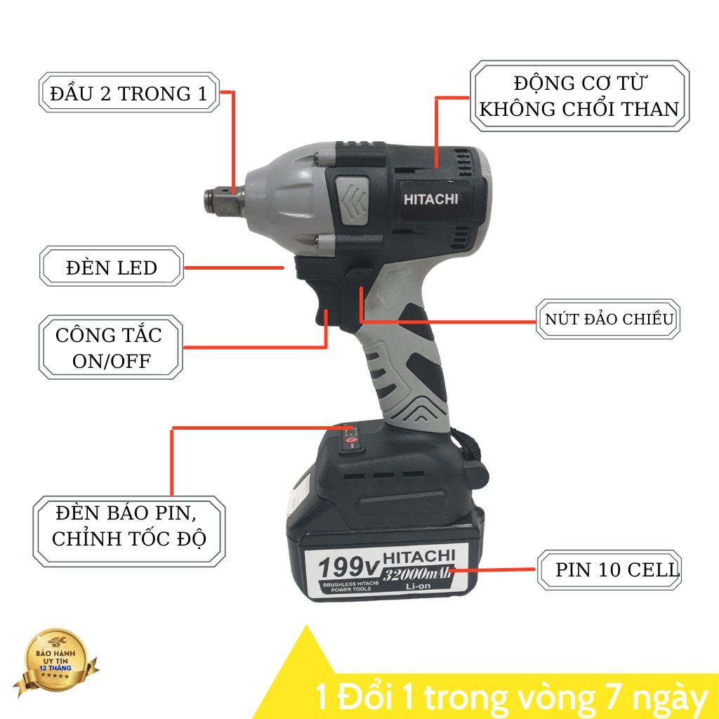 Máy Siết bulong Hitachi 199V - Máy bắn vít không chổi than TẶNG 6 đầu khẩu và 1 đầu chuyển vít