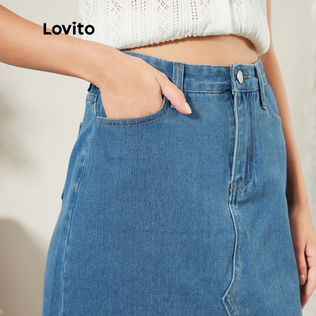 Chân váy denim Lovito thiết kế màu trơn có túi chất liệu dày dặn L25ED055 (màu xanh lam)