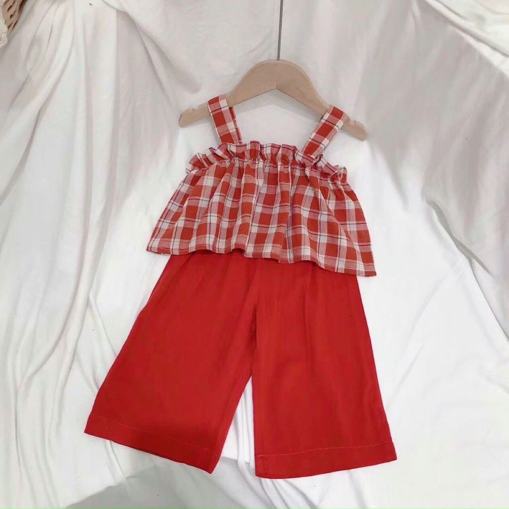Bộ bé gái áo 2 dây caro và quần ống xuông rộng 2 mầu Đỏ Đen XHN563