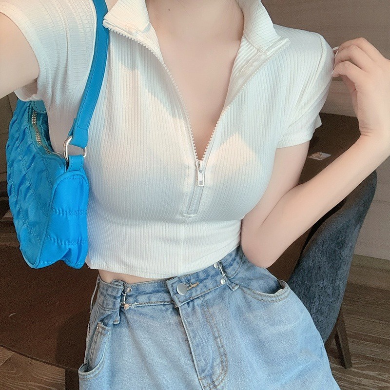 Áo Dệt Kim Ngắn Tay Cổ POLO Lưng Cao Thời Trang Quyến Rũ