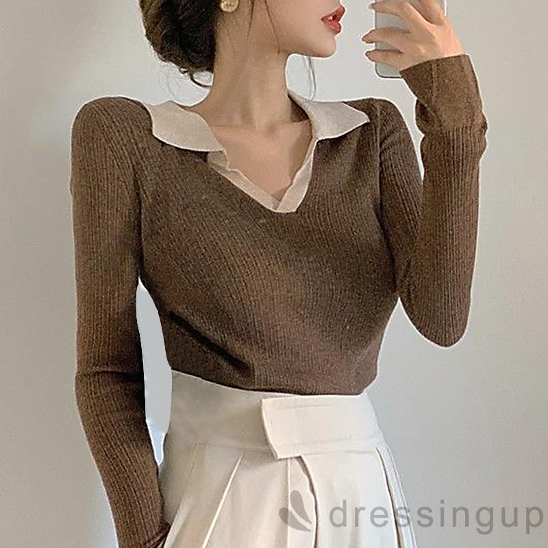 Áo dệt kim tay dài cổ chữ V thời trang mùa thu cho nữ