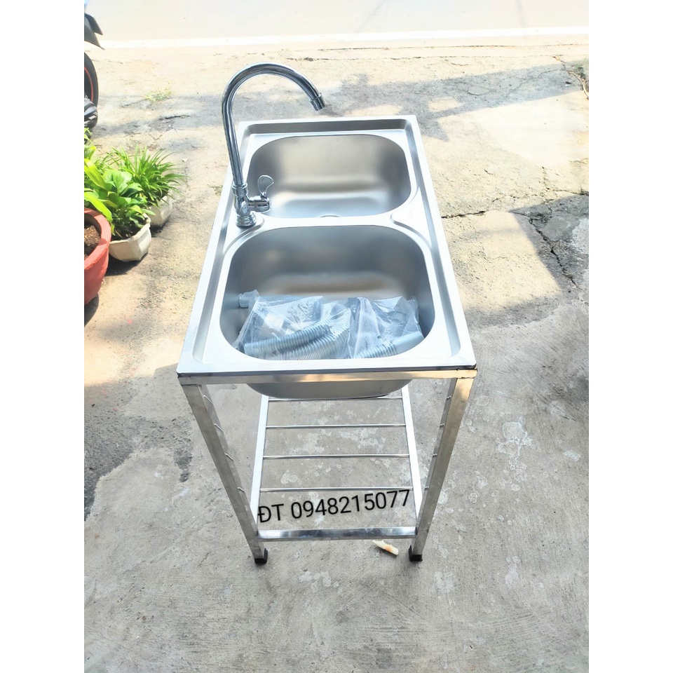 CHẬU RỬA CHÉN 2 HỘC CÓ CHÂN INOX CAO CẤP KT: 78 X 43 X 78 cao