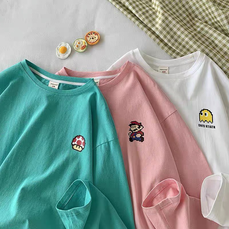 Áo thun tay dài, in mario, form rộng, Nam nữ đều mặc được