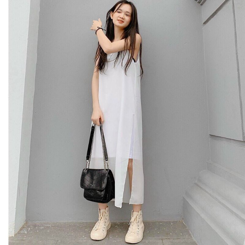 Váy 2 dây suông xẻ chất voan có lót, đầm hai dây trơn dài qua gối tiểu thư bánh bèo