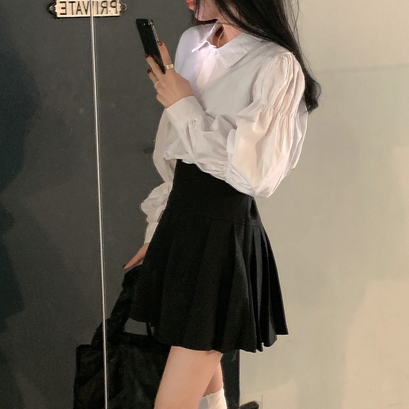 Kumivn order set 2 món áo sơ mi và chân váy xếp ly đen trắng ulzzang Hàn Quốc