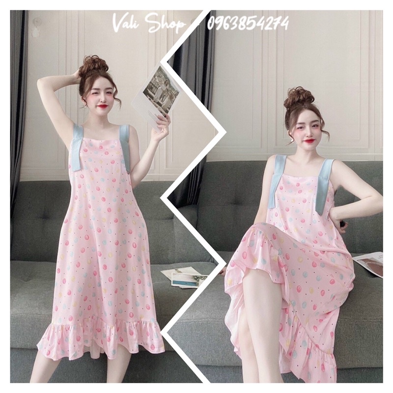 Váy đầm ngủ lụa latin cao cấp 2 dây bảng to đuôi bèo freesize 42-57kg