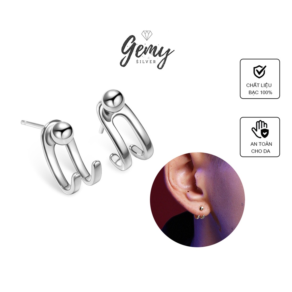 Khuyên tai nam bạc bi tròn 2 móc cá tính, độc đáo, unisex (1 chiếc) | GEMY SILVER KN5