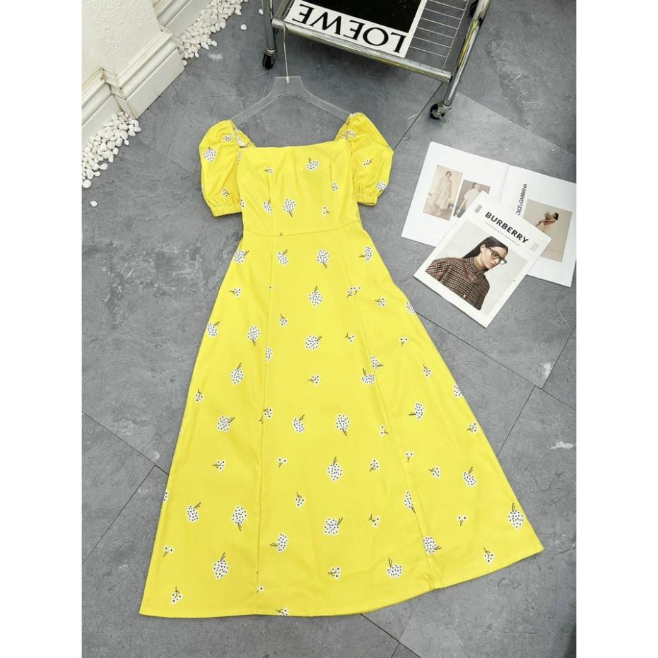 Đầm maxi, váy maxi hoa vàng chất thô hàn hàng thiết kế cao cấp