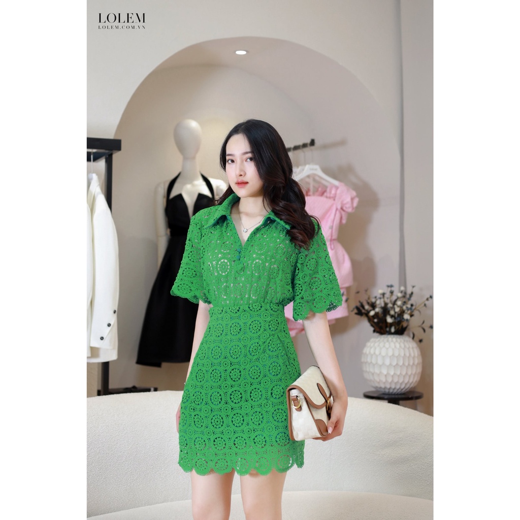 Set áo chân váy LOLEM SV235 chân váy A túi chéo áo cổ V tay con vải ren chỉ cao cấp thoáng mát