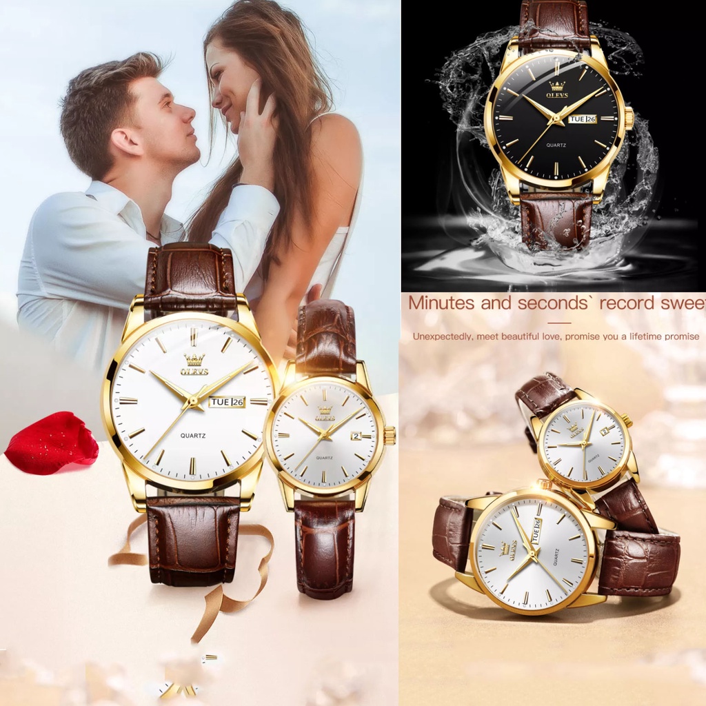 (HÀNG ĐẸP) Đồng hồ cặp đôi nam nữ, Fullbox chính hãng OLEVS_Đồng hồ đôi dây da_Quà tặng sang trọng cho cặp đôi nam nữ