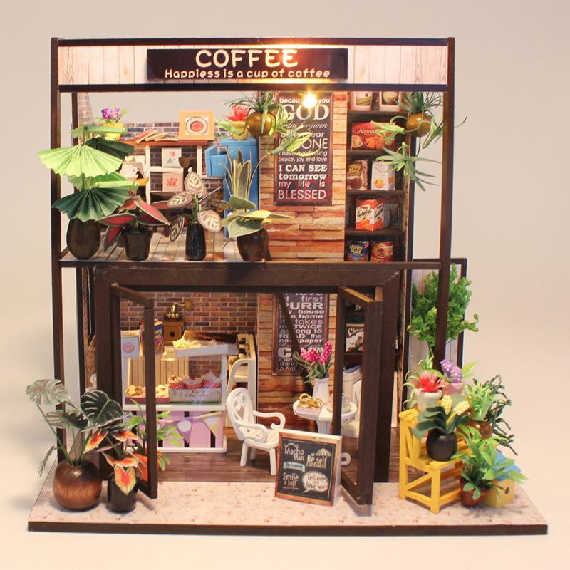 Mô hình nhà DIY Doll House Coffee House Kèm Mica chống bụi, Bộ dụng cụ và Keo dán