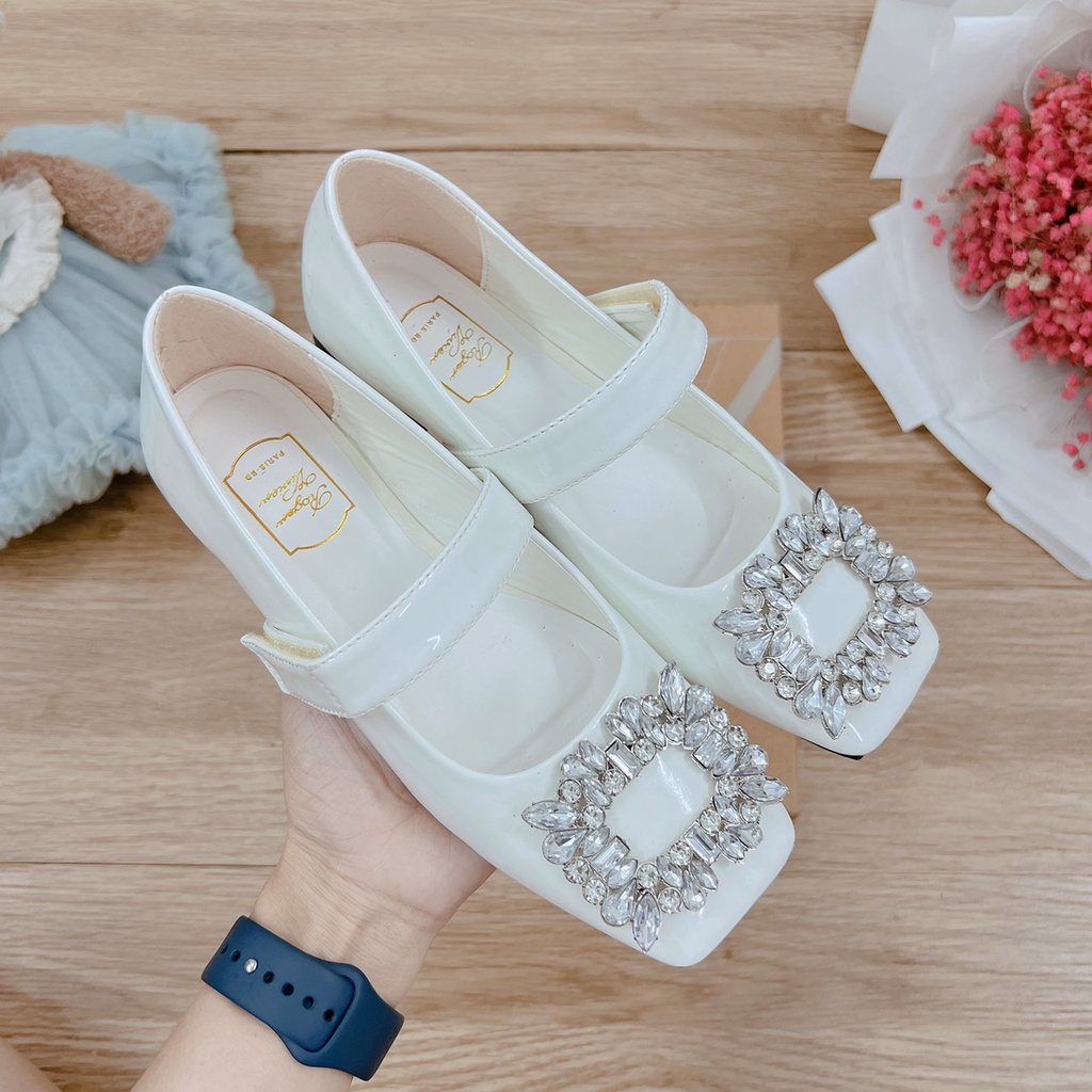 Giày búp bê nữ đính đá cao cấp quai dán phong cách tiểu thư HT Shoes mã SK019