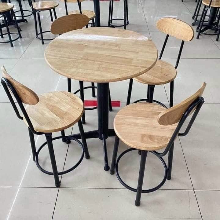 Bàn Tròn Cafe Eames Chân Trụ Sắt, Mặt Bàn Gỗ Cao Su