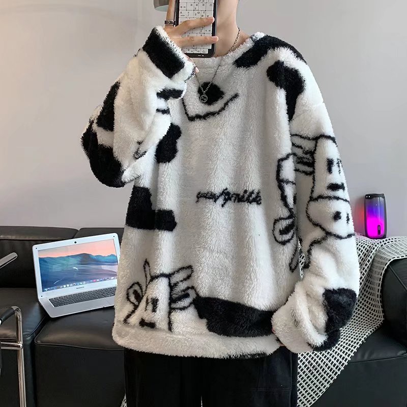Áo sweater lông cừu tay dài dáng rộng phong cách Hàn Quốc thời trang thu đông Đường phố graffiti đa năng bình thường