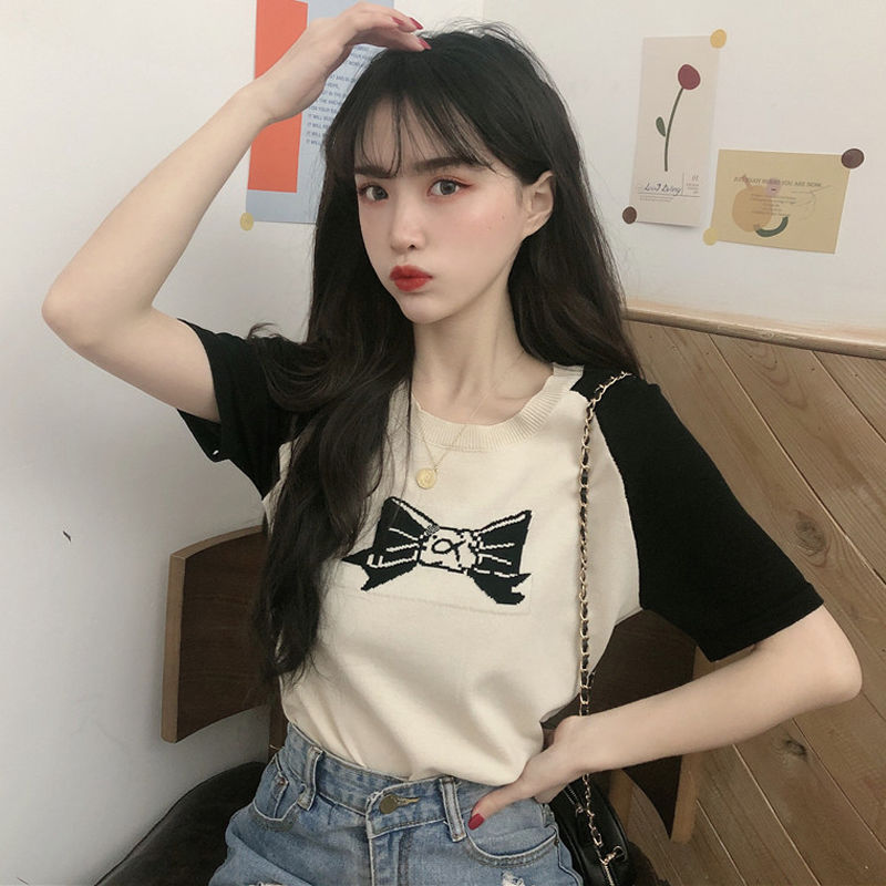 Áo Croptop Nữ Dệt Kim Họa Tiết Thắt Nơ Xinh Xắn Tay Ngắn Cổ Tròn Trẻ Trung